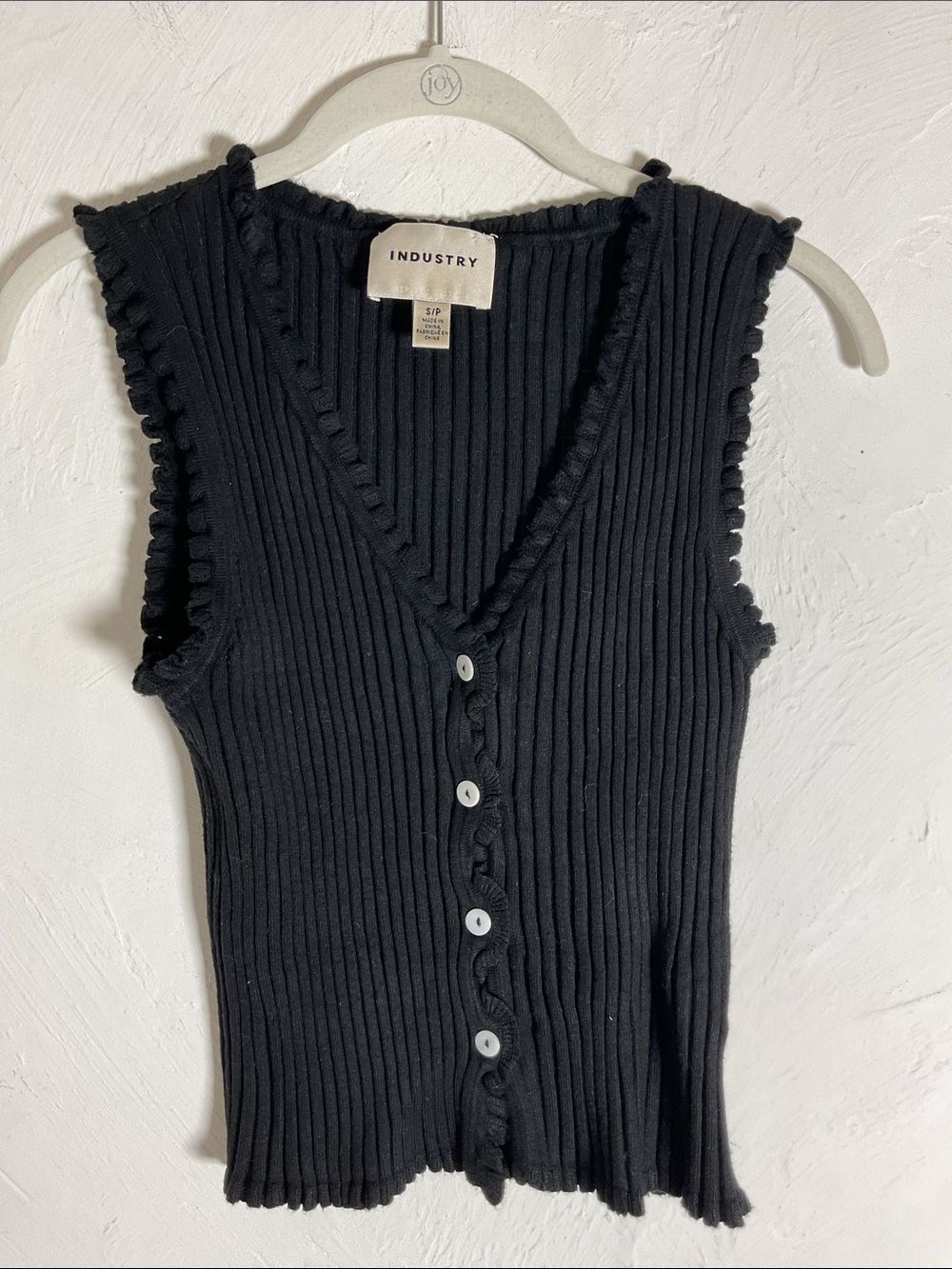 Industry Republic Black Ribbed Ruffle Button Front Knit Top Vest Size S